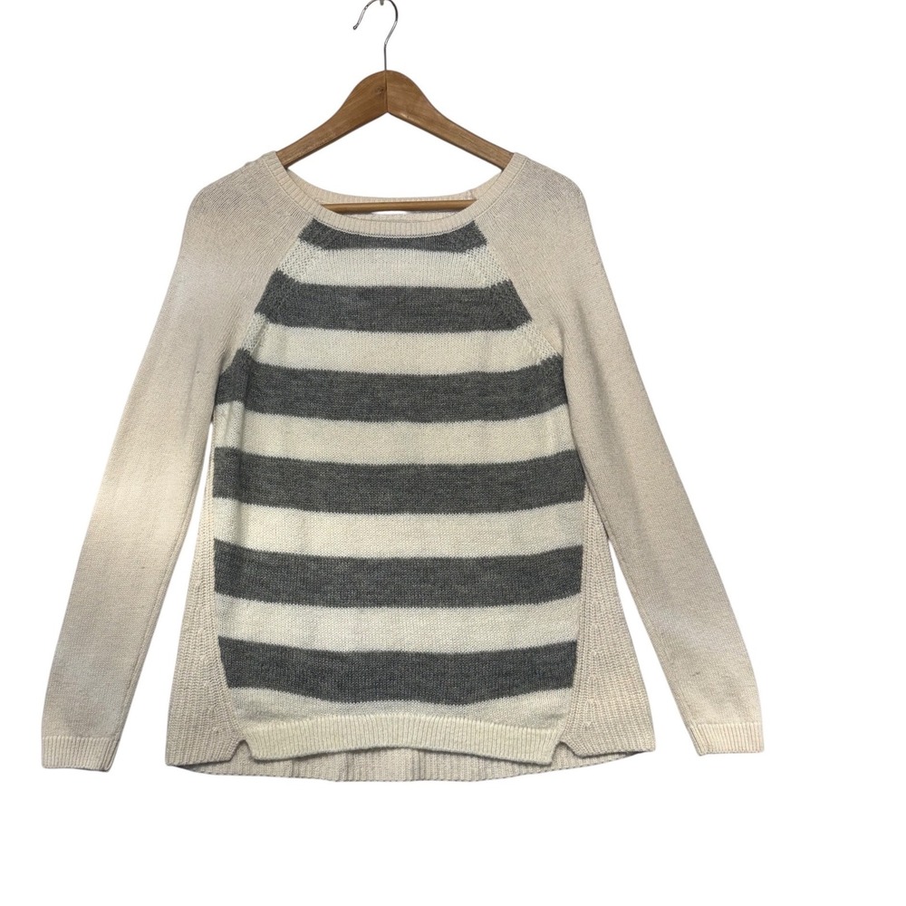 LOFT Petites Striped Mohair Blend Raglan Sweater Cream Gray MP Scoop Neck